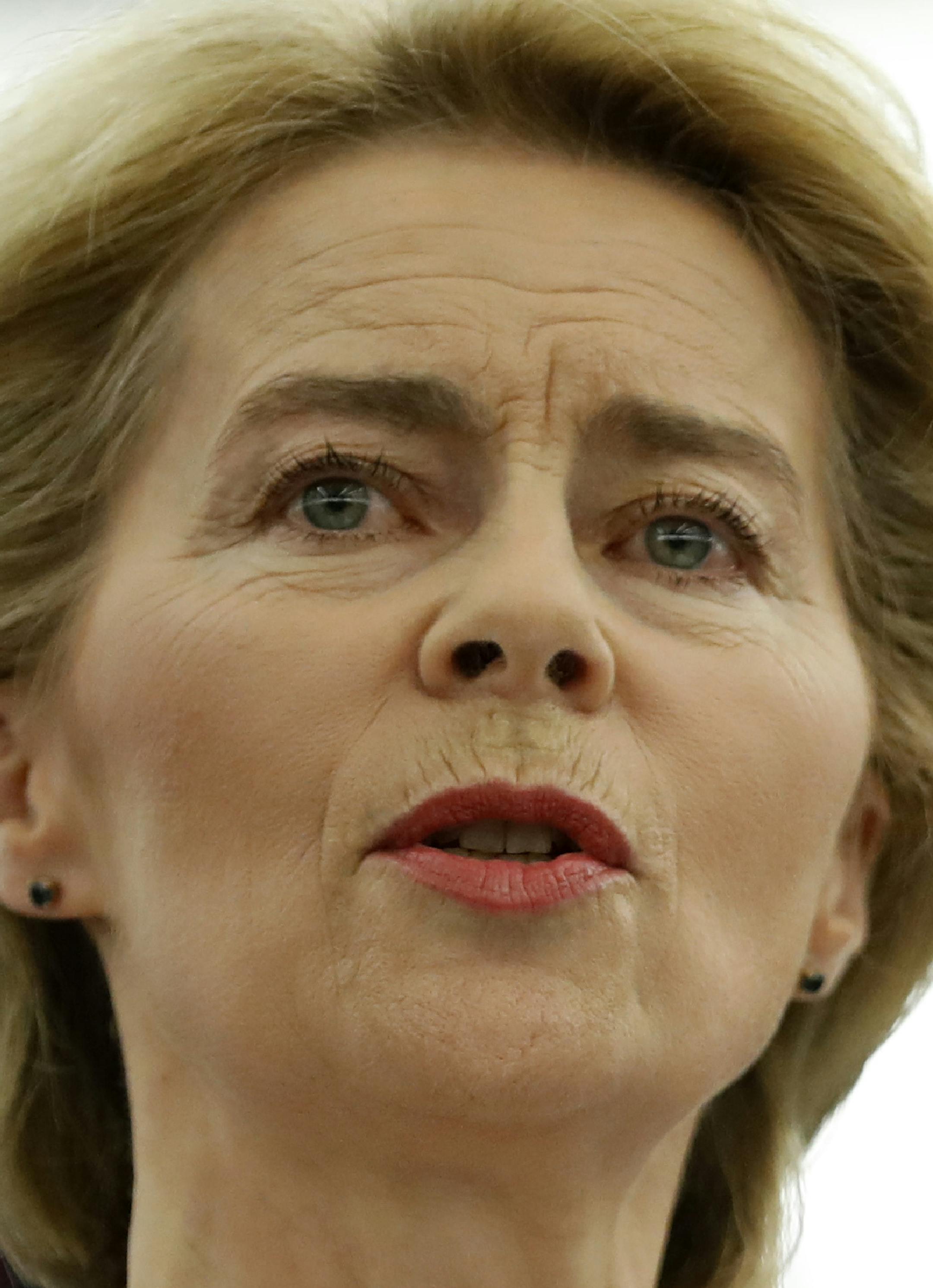 Germany's Ursula von der Leyen delivers her speech at the European Parliament in Strasbourg, eastern France, Tuesday July 16, 2019. Ursula von der Leyen outlined her vision and plans as Commission President. The vote, held by secret paper ballot, will take place later today. (AP Photo/Jean-Francois Badias) ORG XMIT: STR103