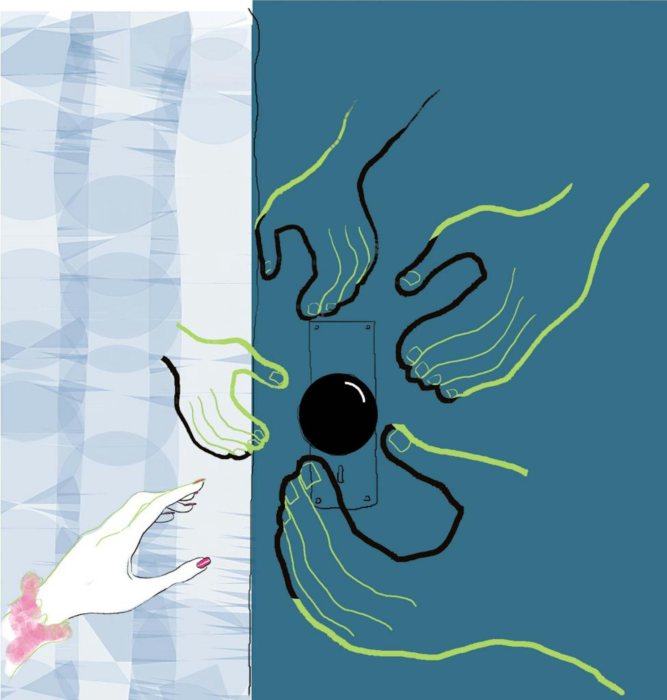 300 dpi Susan Jouflas color illustration of mens' hands reaching to open the door for a lady. The Seattle Times 2008<p> chivalry illustration manners etiquette gentleman gentlemen opening doors door knob doorknob hand hands politeness, adult, krtfeatures features, krthumaninterest human interest, krtnational national, krtsocial social issue, krtworld world, krt, mctillustration, advice, people, krtsocialissue social issue, ODD, PEO, SOI, HUM, FEA, 08000000, 14000000, 08003001, 14024004, 2008, kr