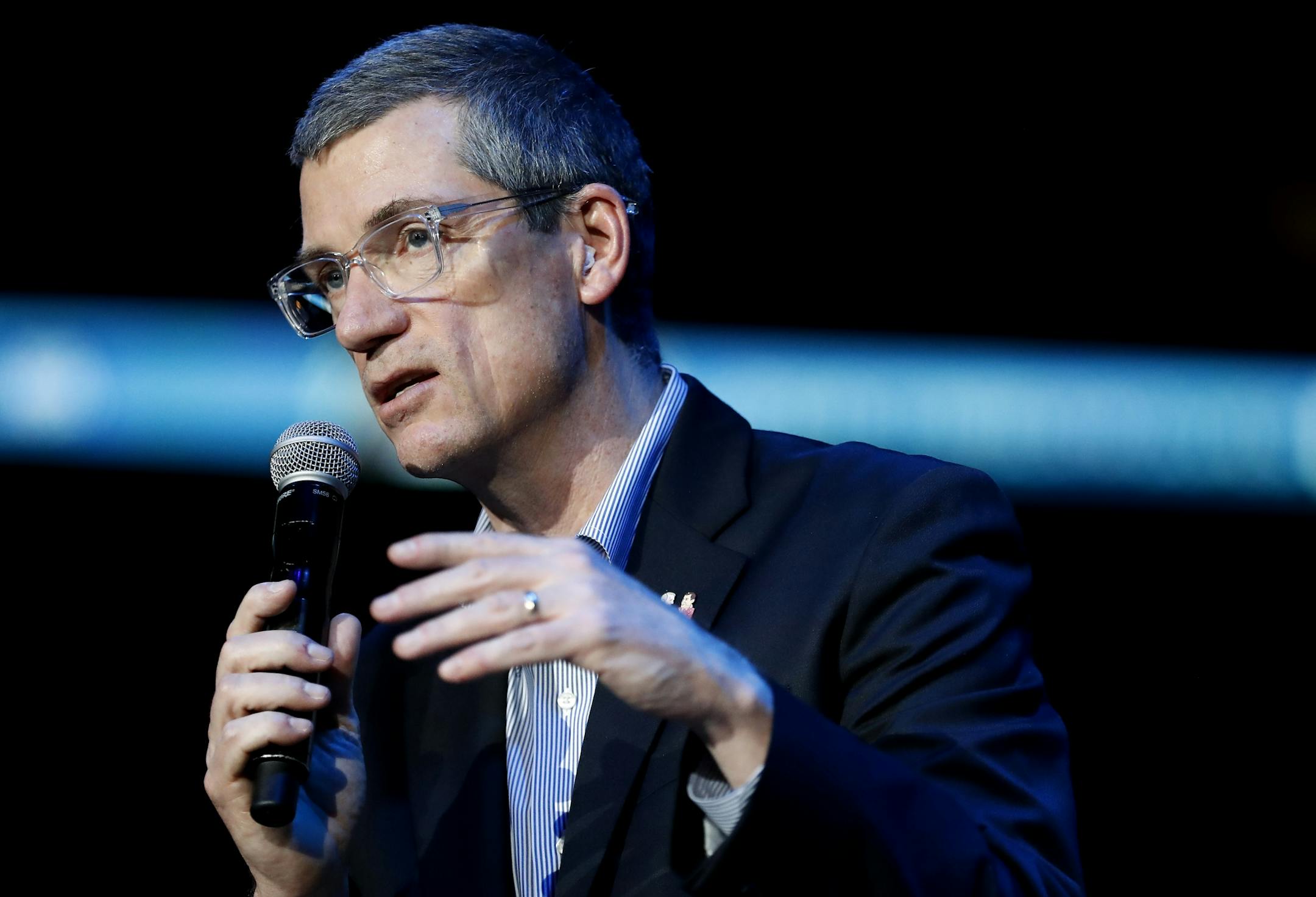 Minnesota Timberwolves general manager Scott Layden was interviewed on stage at Target Center during the Timberwolves draft party.
