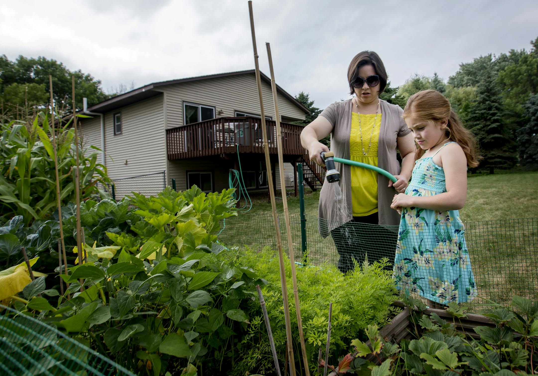 Ali Cuellar, 6, watched her mother Rebecca water their garden from a rain barrel setup on the deck of their Cottage Grove home. ] CARLOS GONZALEZ ï cgonzalez@startribune.com - July 25, 2017, Cottage Grove, MN, The long dry summer in Cottage Grove has lasted longer than the mayor predicted in May, when the City Council voted to shut down eight of the city's 11 wells and impose a strict watering ban on residents. The reason? Traces of decades-old 3M pollution were registering too high under n