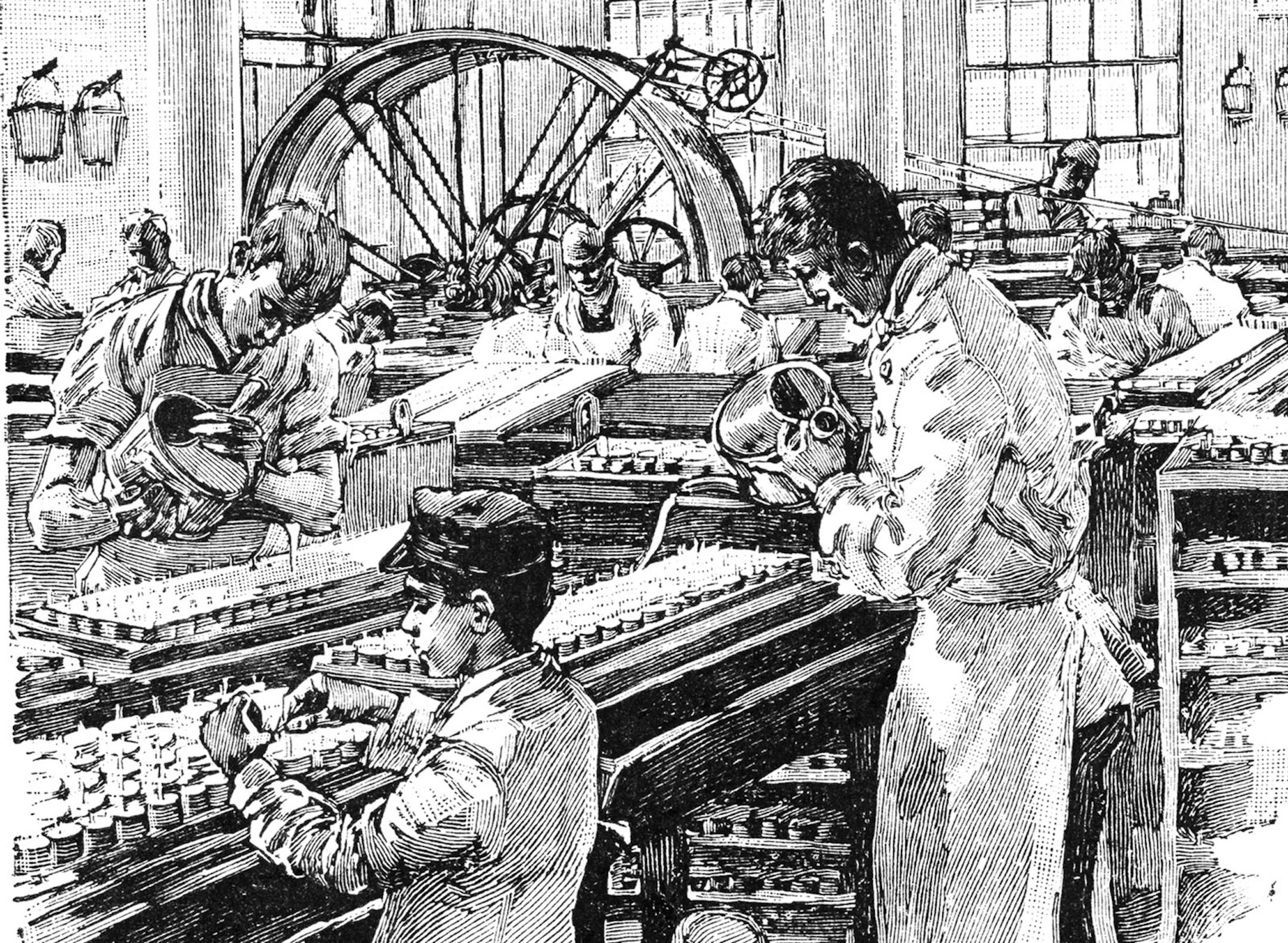 Children worked alongside adults in a candlemaking factory in Victorian England.