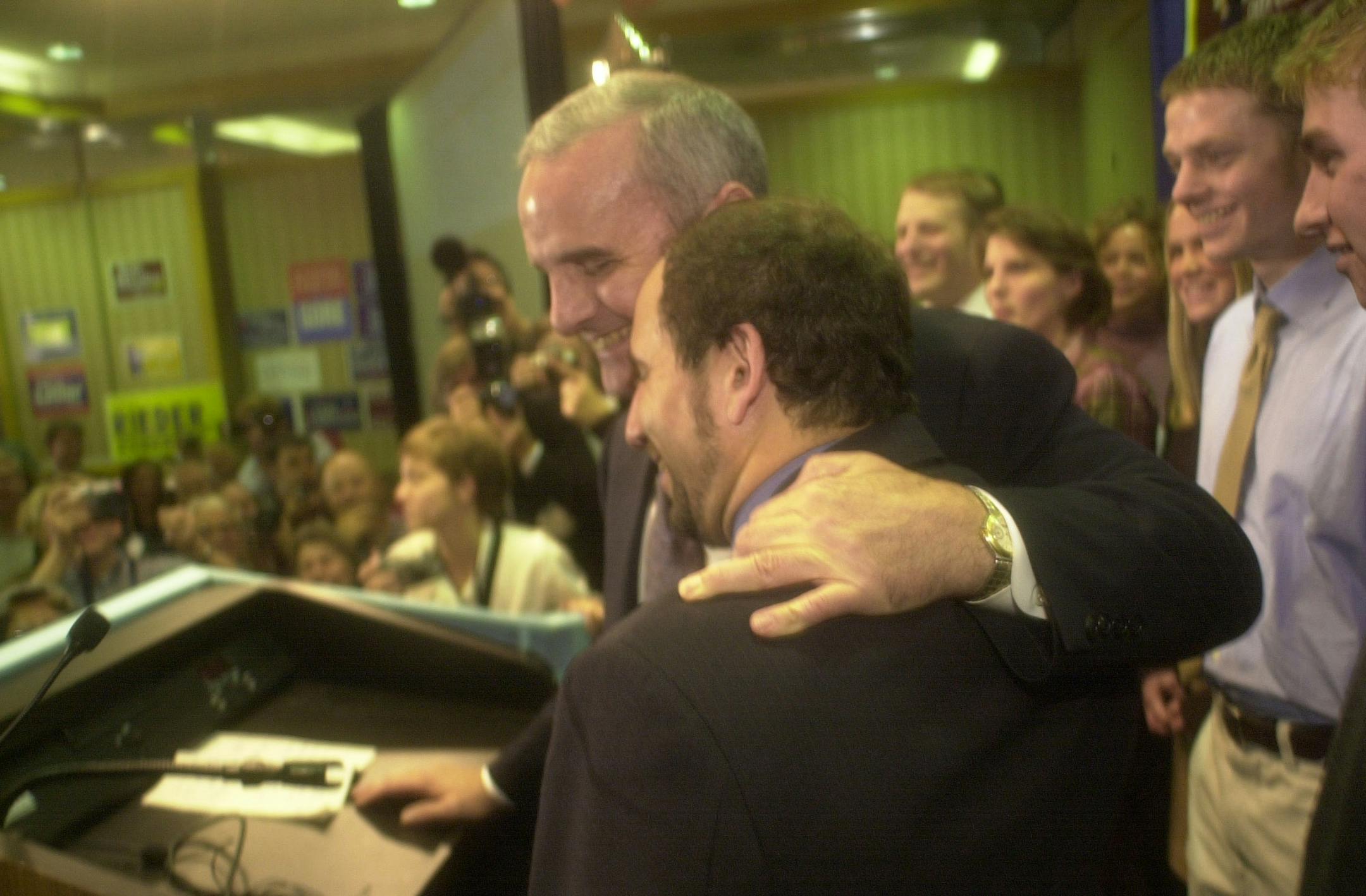 St. Paul, MN - 11/7/00 - DFL Election Central/Radisson Hotel - Mark Dayton gives Paul Wellstone a hug before his victory speech.
