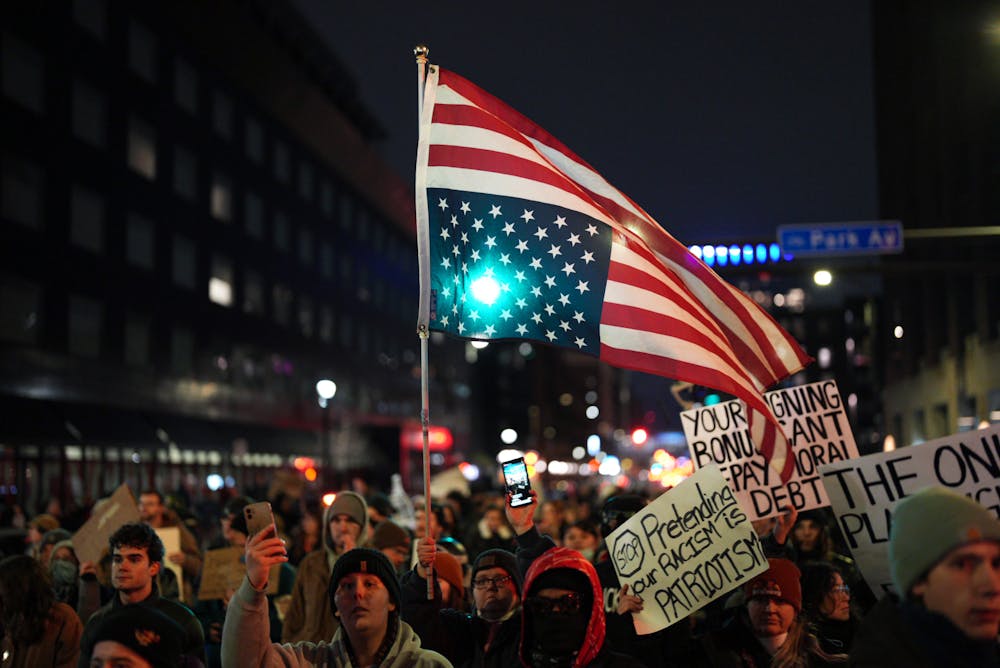 Protesters gather in downtown Minneapolis on Jan. 9.