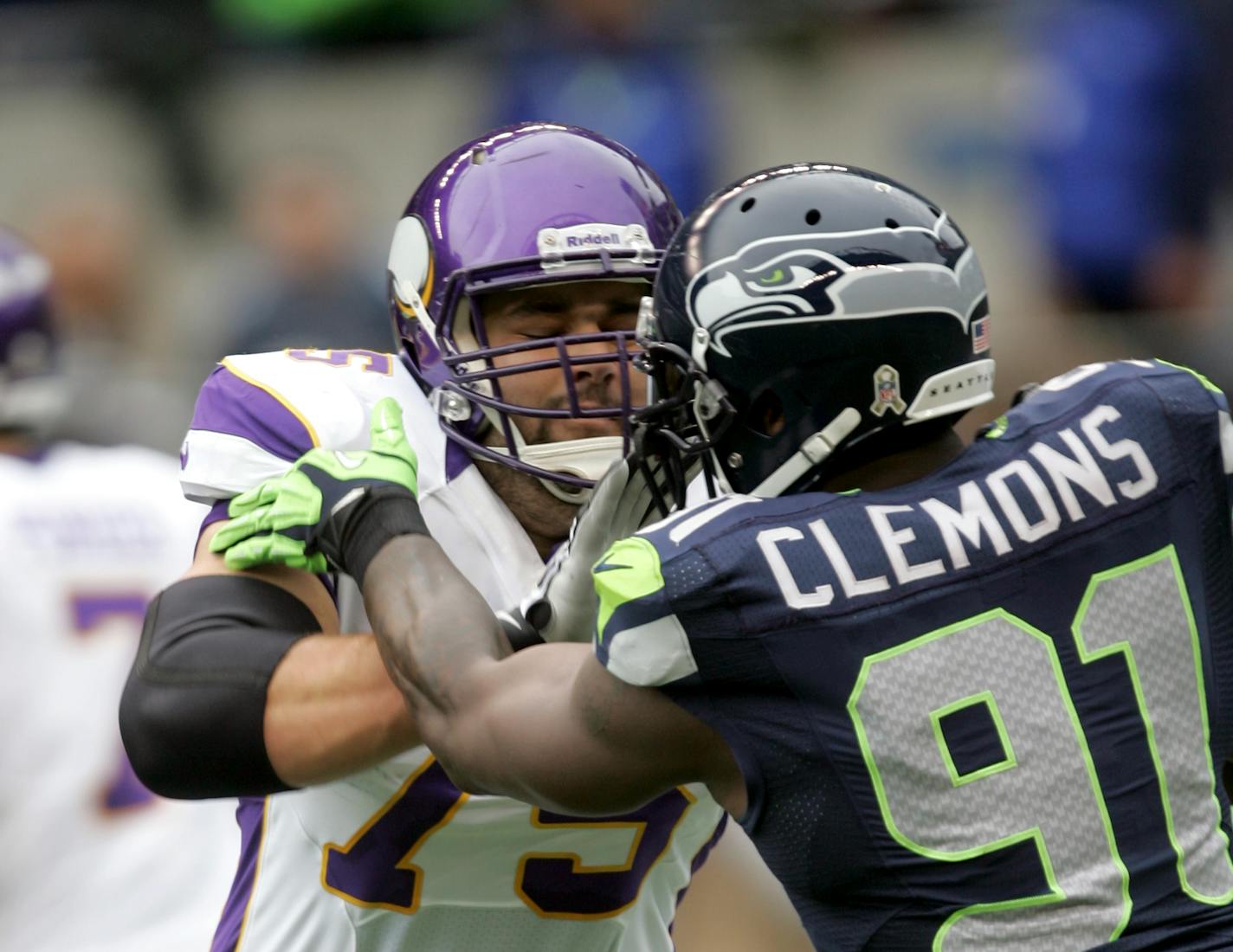 Minnesota Vikings offensive tackle Matt Kalil (75) blocks during NFL football game against the Seattle Seahawks, Sunday, November 4, 2012 in Seattle. The Seahawks won the game 30-20. (AP Photo/Paul Jasienski) ORG XMIT: PJWA01 ORG XMIT: MIN1211281811561092 ORG XMIT: MIN1304221628540003