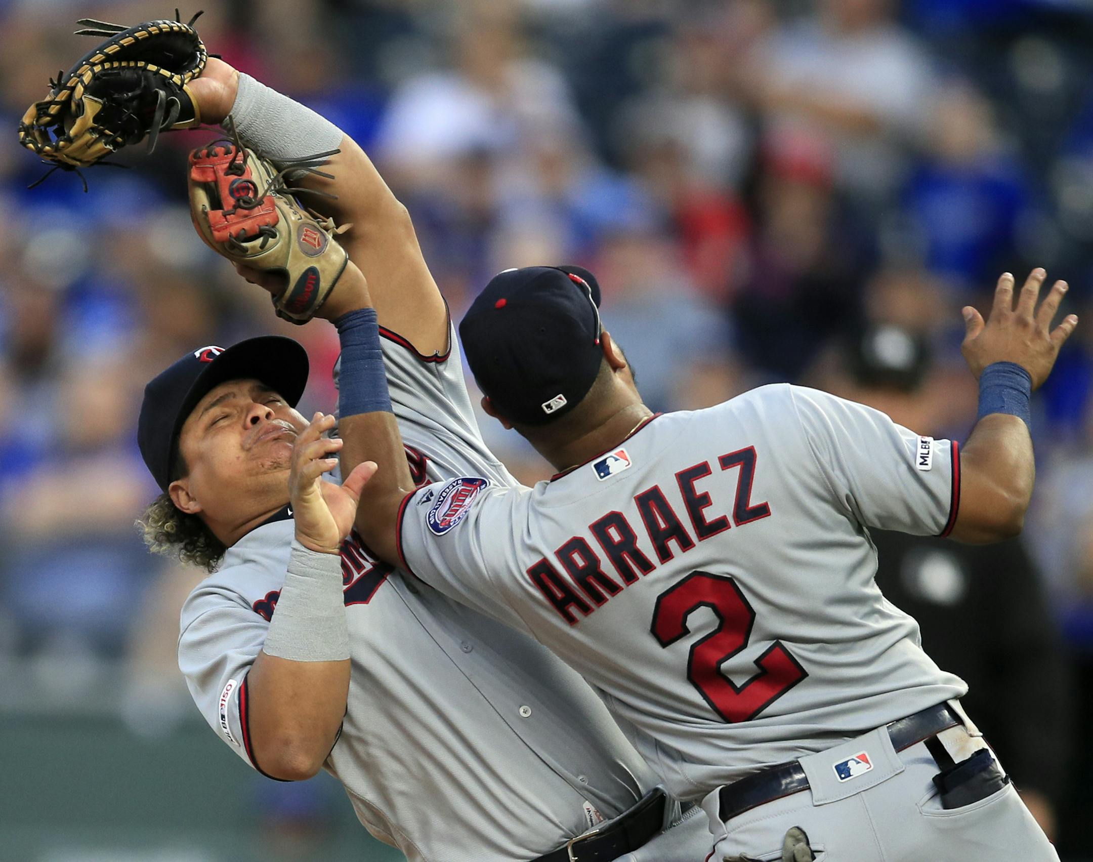 This is the pop fly on which Luis Arraez sprained his ankle during Saturday's game at Kansas City.