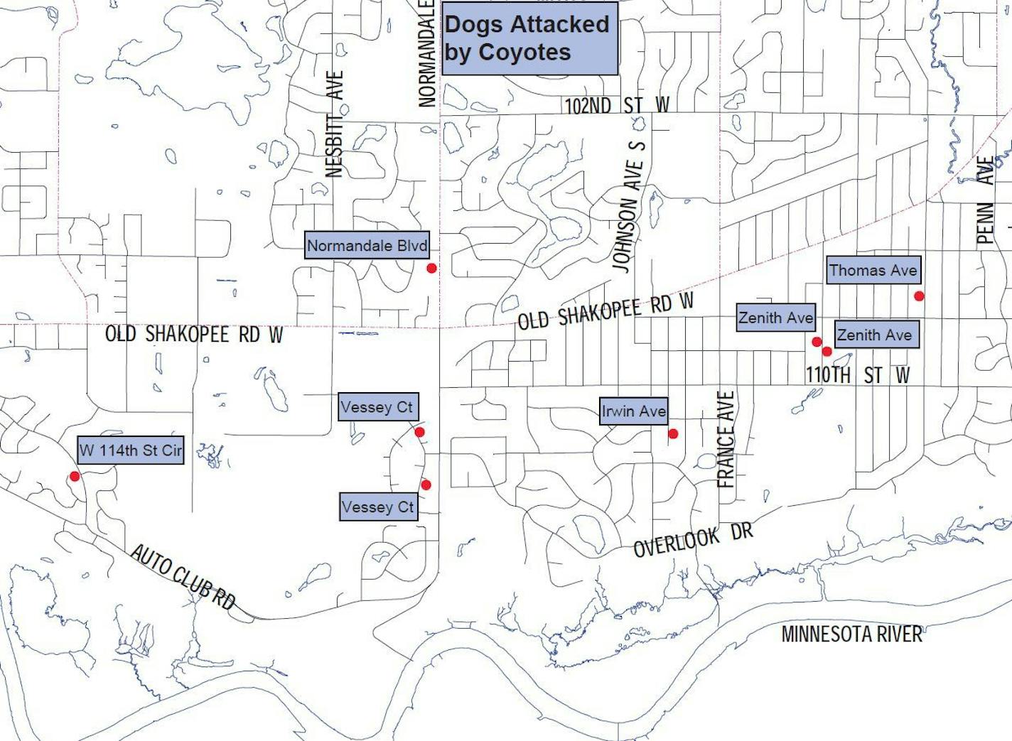 The Bloomington Police Department released this map of coyote attacks on dogs in the city.