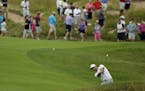 Dustin Johnson hits to the 18th hole during the first round of the PGA Championship golf tournament Thursday, Aug. 13, 2015, at Whistling Straits in H