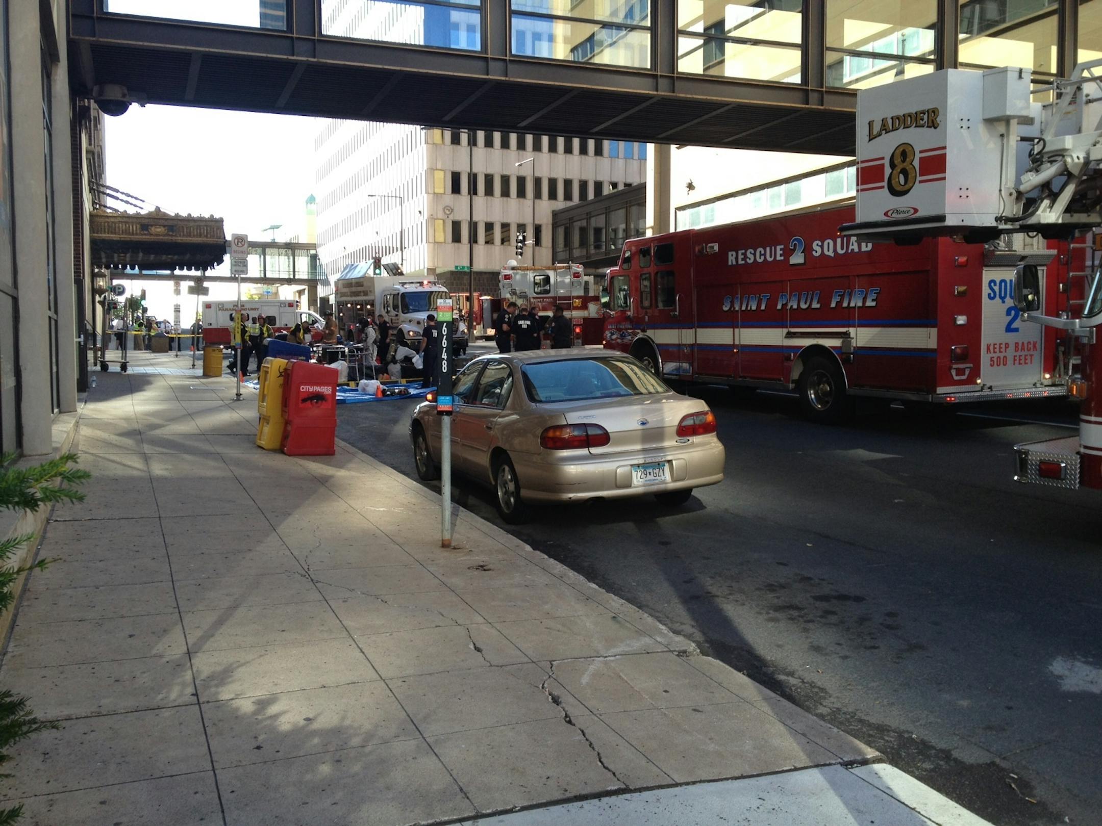 Authorities closed part of a skyway and Cedar Street in downtown St. Paul on Tuesday after a bad chemical reaction sent off fumes.