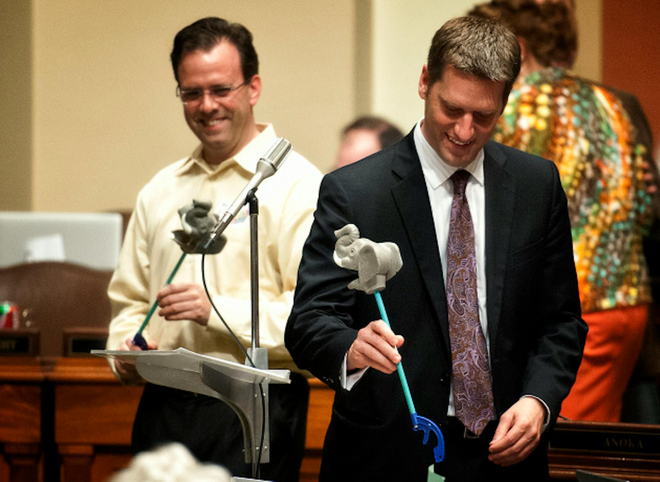 During a short House recess Rep. Pat Garofalo and Minority Leader Kurt Doubt got toy elephant gifts from the Senate.    Saturday, May 18, 2013  ]   GLEN STUBBE * gstubbe@startribune.com