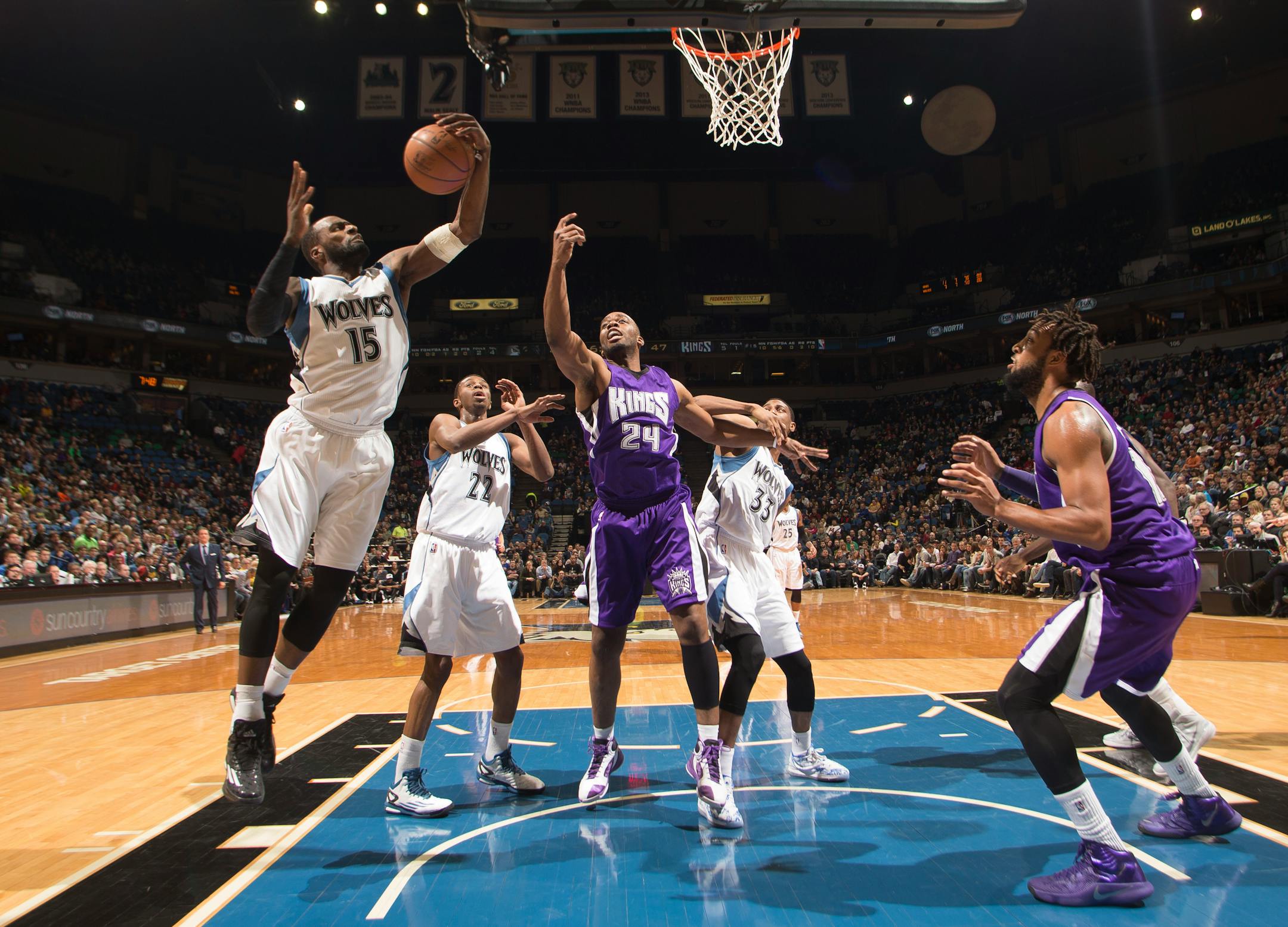 Minnesota Timberwolves forward Shabazz Muhammad (15) pulls down a rebound on shot by the Sacramento Kings during the first half.