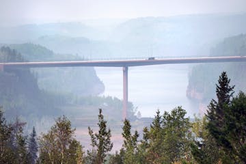 Smoke from the Greenwood fire again spread across much of northern Minnesota Thursday, this was the smoky view of the Highway 53 Virginia High Bridge 