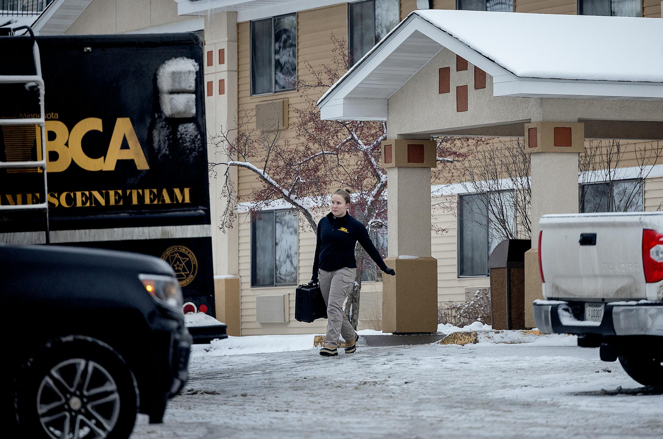 Police and the BCA at the scene where two people were shot and killed Monday night at a Super 8 hotel in Cloquet, Minn., on Tuesday, Jan. 9, 2024. ] Elizabeth Flores • liz.flores@startribune.com