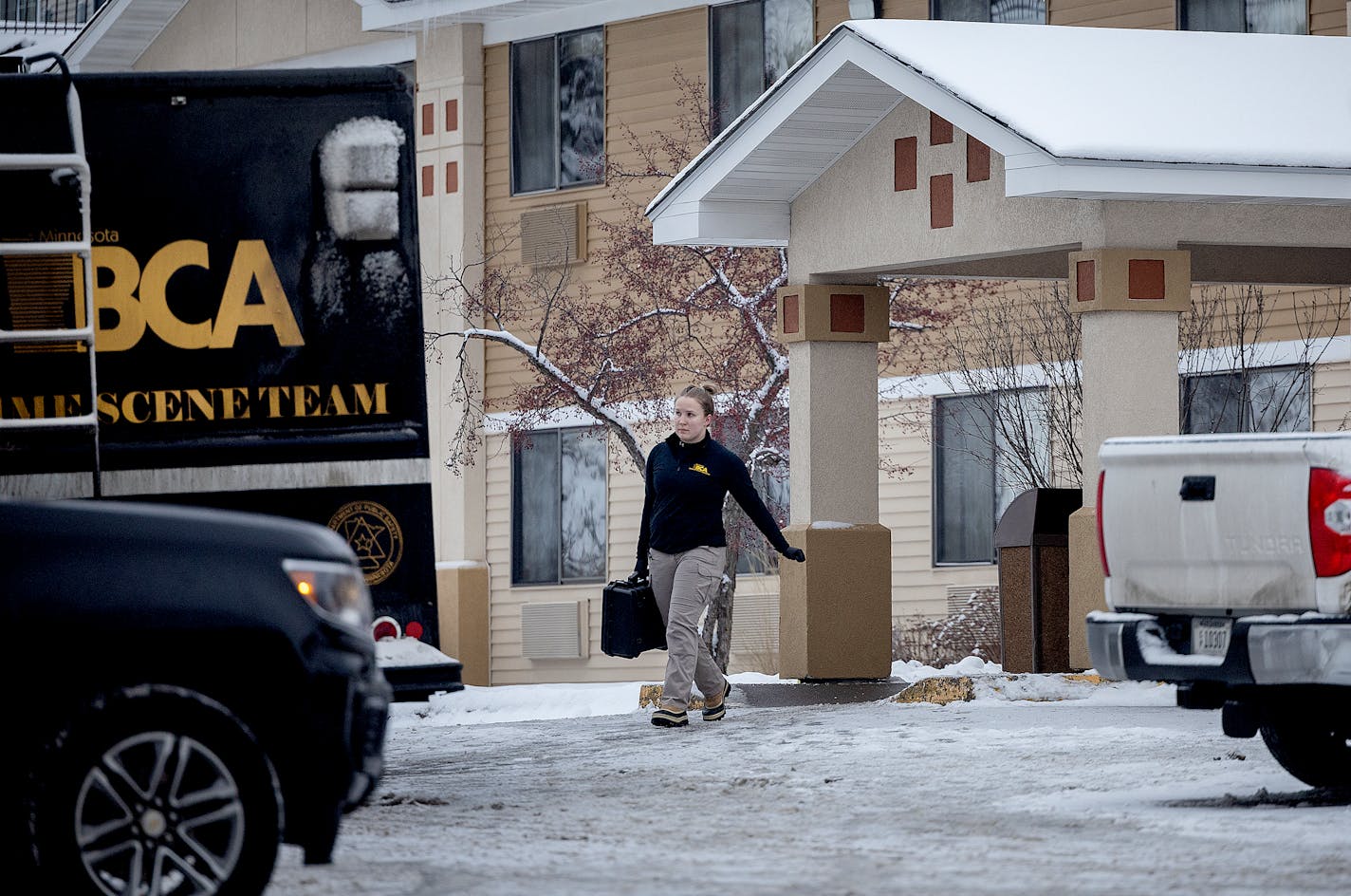 Police and the BCA at the scene where two people were shot and killed Monday night at a Super 8 hotel in Cloquet, Minn., on Tuesday, Jan. 9, 2024. ] Elizabeth Flores • liz.flores@startribune.com