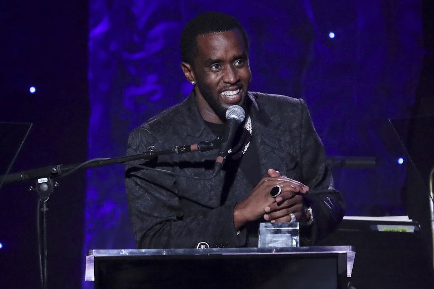 Sean Combs speaks on stage after accepting the 2020 Industry Icon award at the Pre-Grammy Gala And Salute To Industry Icons at the Beverly Hilton Hote