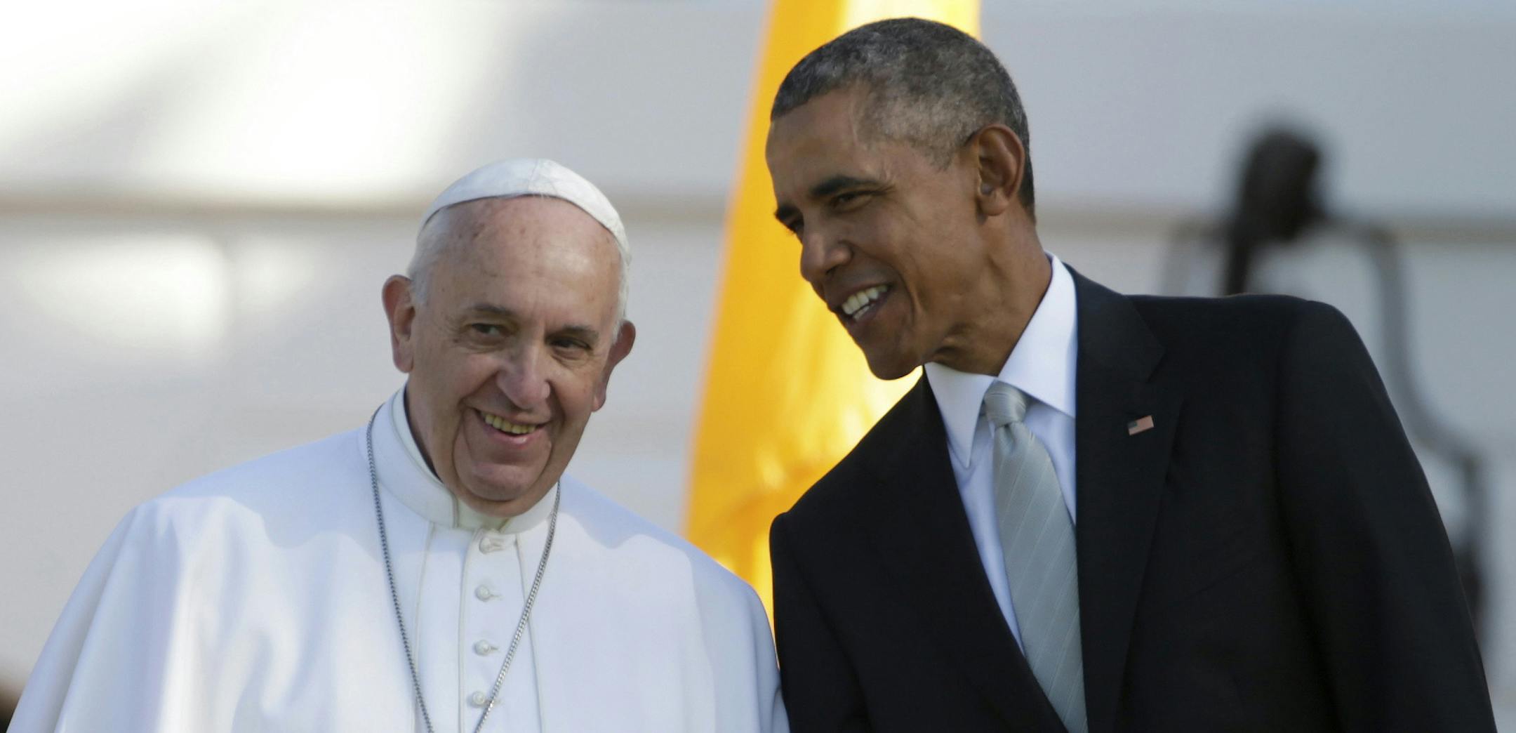 President Barack Obama leans over to talk to Pope Francis during a state arrival ceremony on the South Lawn of the White House in Washington, Wednesday, Sept. 23, 2015. (AP Photo/Pablo Martinez Monsivais) ORG XMIT: MIN2015092310282639