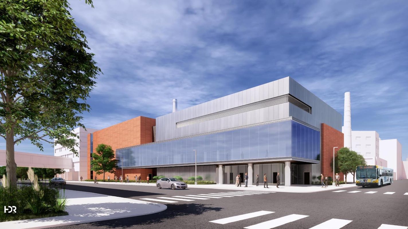 A rendering of a proposed utility plant for Abbott Northwestern Hospital in Minneapolis, one of the state's largest medical centers.