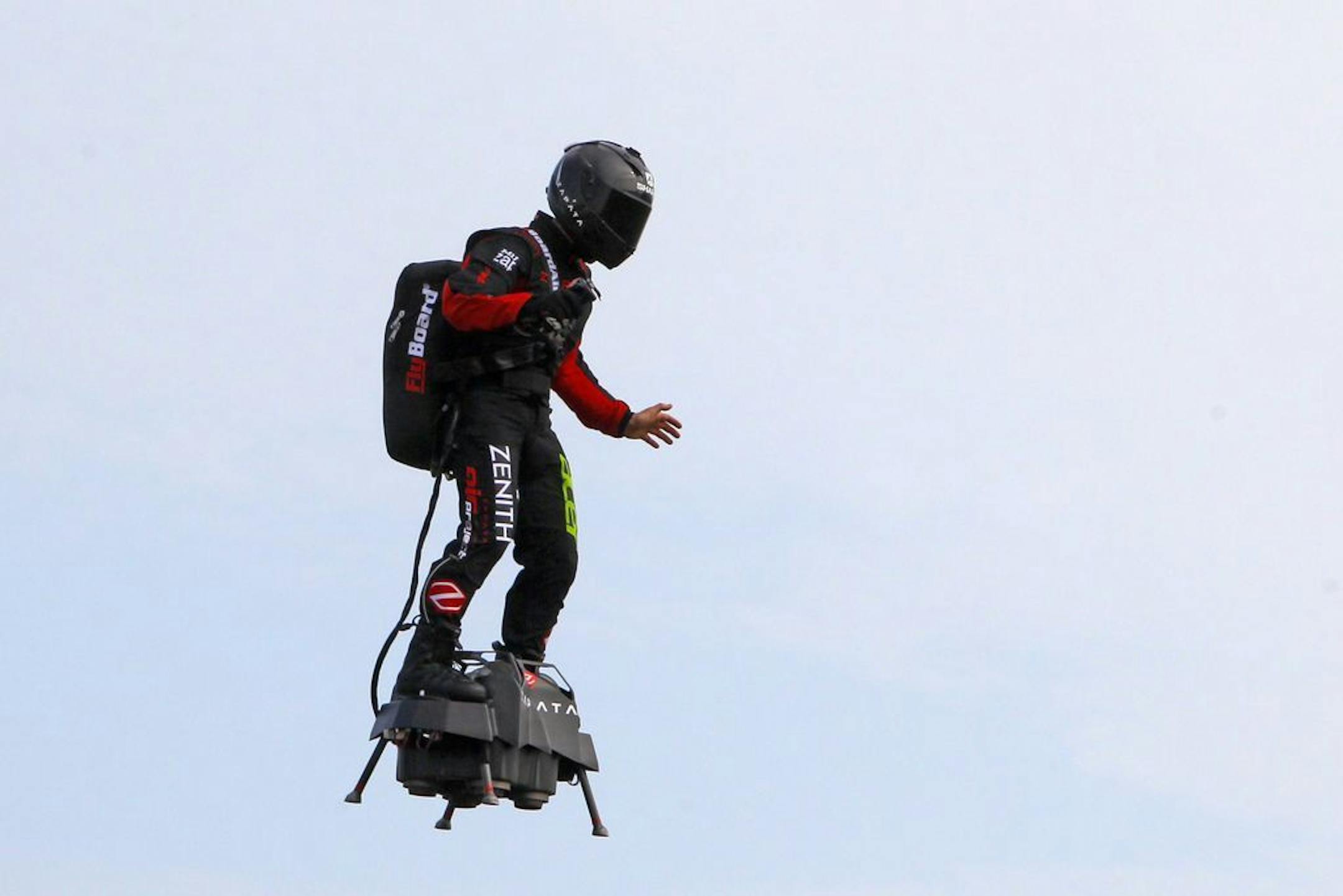 Franky Zapata, "Le Rocketman", a 40-year-old inventor, performs a training flight over the Saint Inglevert airport near Calais, Northern France, Wednesday July 24, 2019.