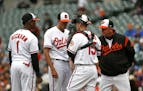 Baltimore Orioles starting pitcher Kevin Gausman, second from left, speaks with third baseman Tim Beckham (1), catcher Chance Sisco and pitching coach