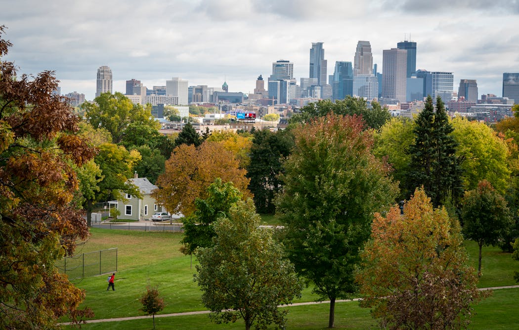 The view of downtown Minneapolis from Farview Park in the Hawthorne neighborhood of Minneapolis, photographed in October 2019.