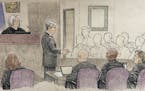 This courtroom sketch provided by Cedric Hohnstadt depicts the opening argument by Hennepin County prosecutor Patrick Lofton, standing, Tuesday, April