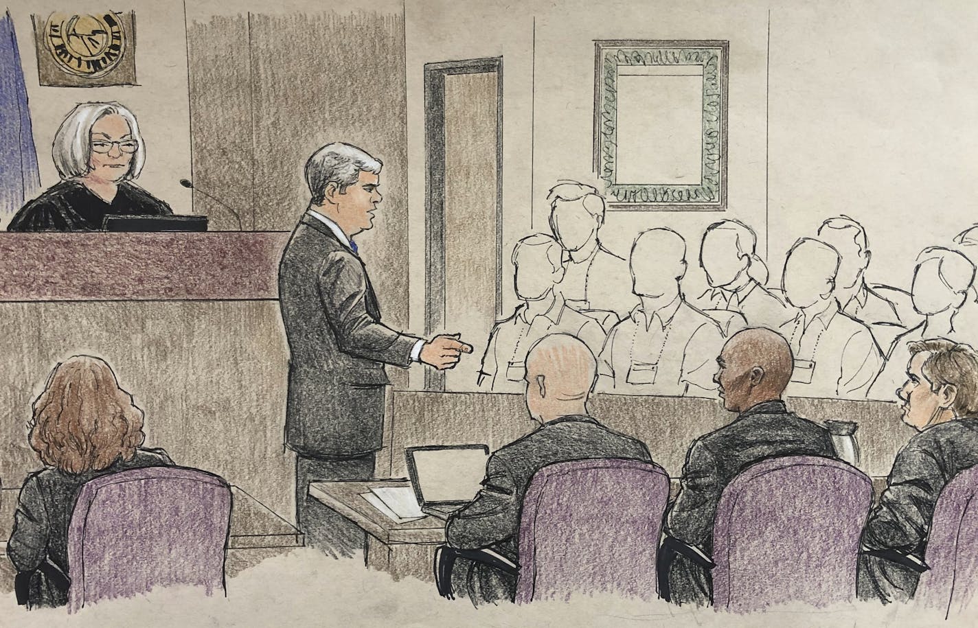 This courtroom sketch provided by Cedric Hohnstadt depicts the opening argument by Hennepin County prosecutor Patrick Lofton, standing, Tuesday, April 9, 2019, in Minneapolis, during the murder trial of former Minneapolis police Officer Mohamed Noor, second from right, who fatally shot an unarmed Australian woman, Justine Ruszczyk Damond, in July 2017, after she called 911 to report a possible sexual assault behind her home. Also depicted are Hennepin County District Judge Kathryn Quaintance, le