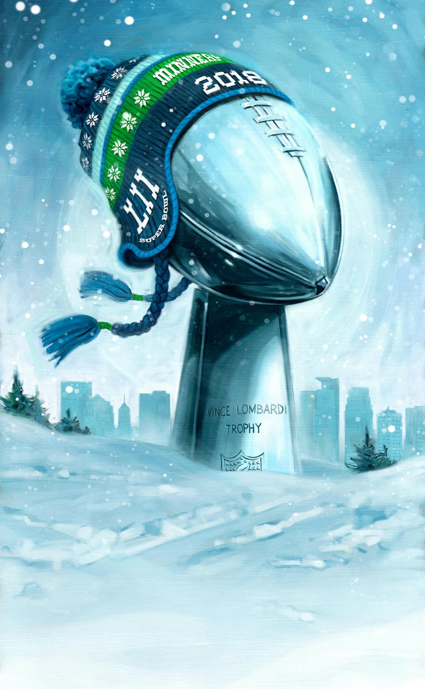 Robert Carter illustration for Minneapolis Super Bowl bid announcement, May 20, 2014. Special to the Star Tribune.