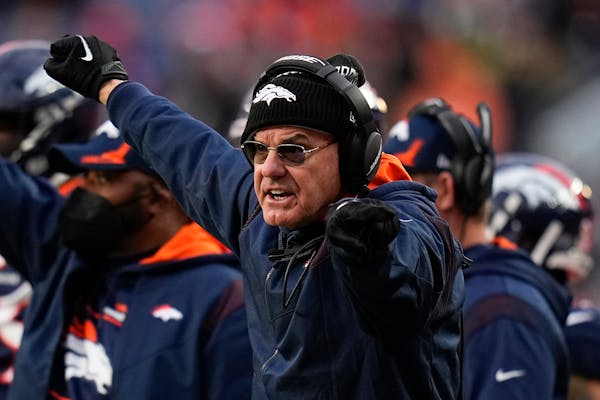 Denver Broncos defensive coordinator Ed Donatell reacts against the Kansas City Chiefs during an NFL football game Saturday, Jan. 8, 2022, in Denver. 