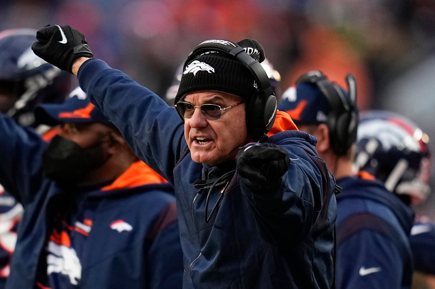 Denver Broncos defensive coordinator Ed Donatell reacts against the Kansas City Chiefs during an NFL football game Saturday, Jan. 8, 2022, in Denver. (AP Photo/Jack Dempsey)