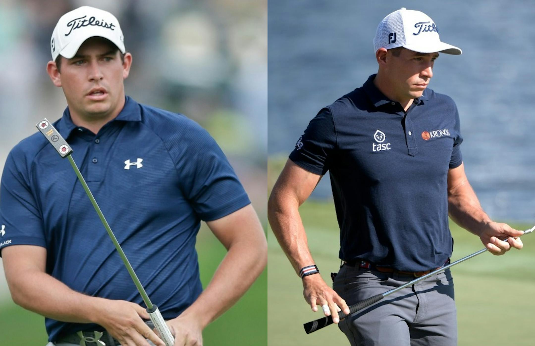 PGA Tour golfer Scott Stallings pictured in January 2014 (left) and March 2019. Stallings said he had a number of health problems in 2014, in part from poor diet, a lack of exercise and difficulty sleeping.