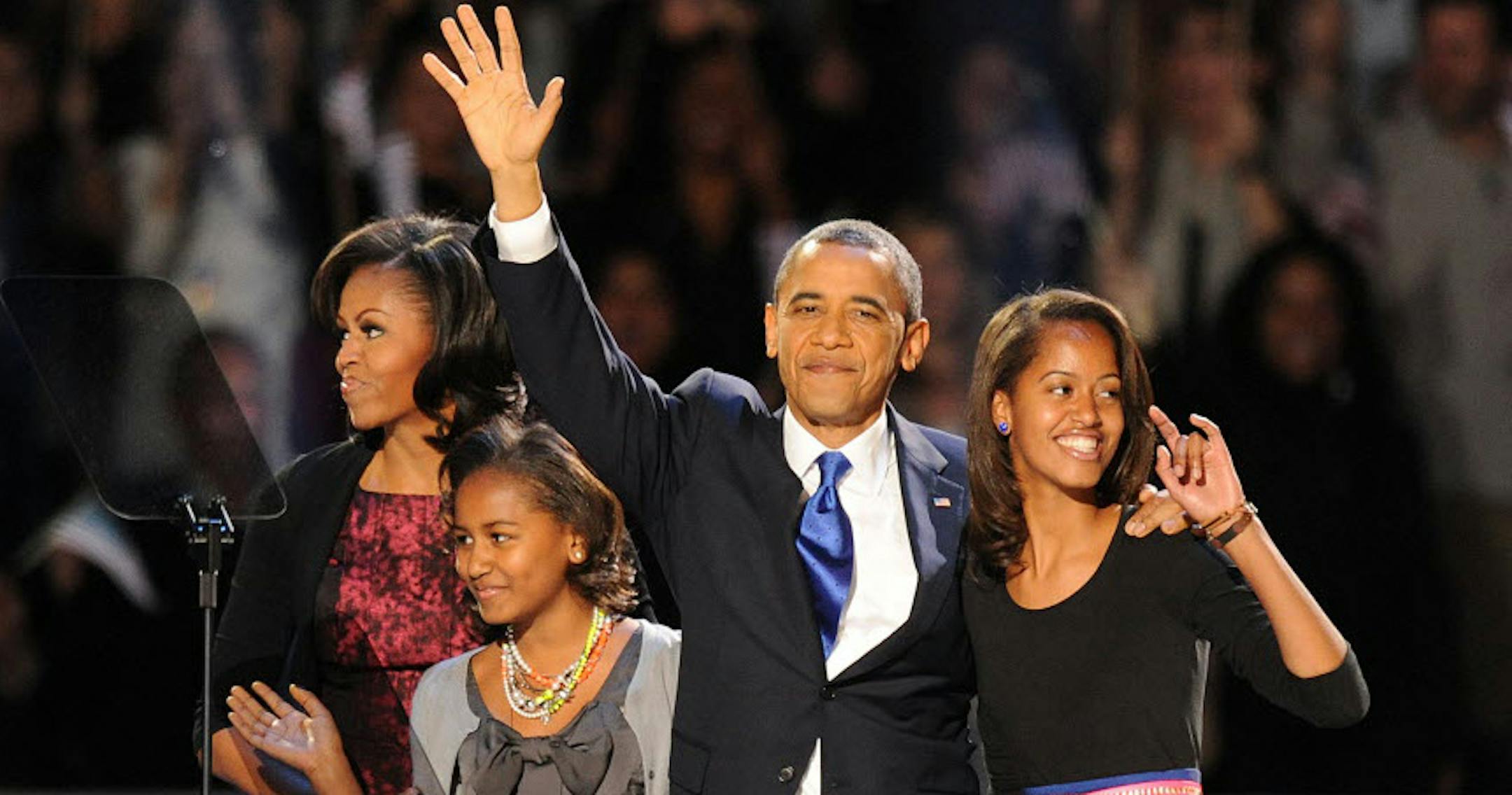 President Barack Obama and the first family enter the stage in Chicago after the election results.