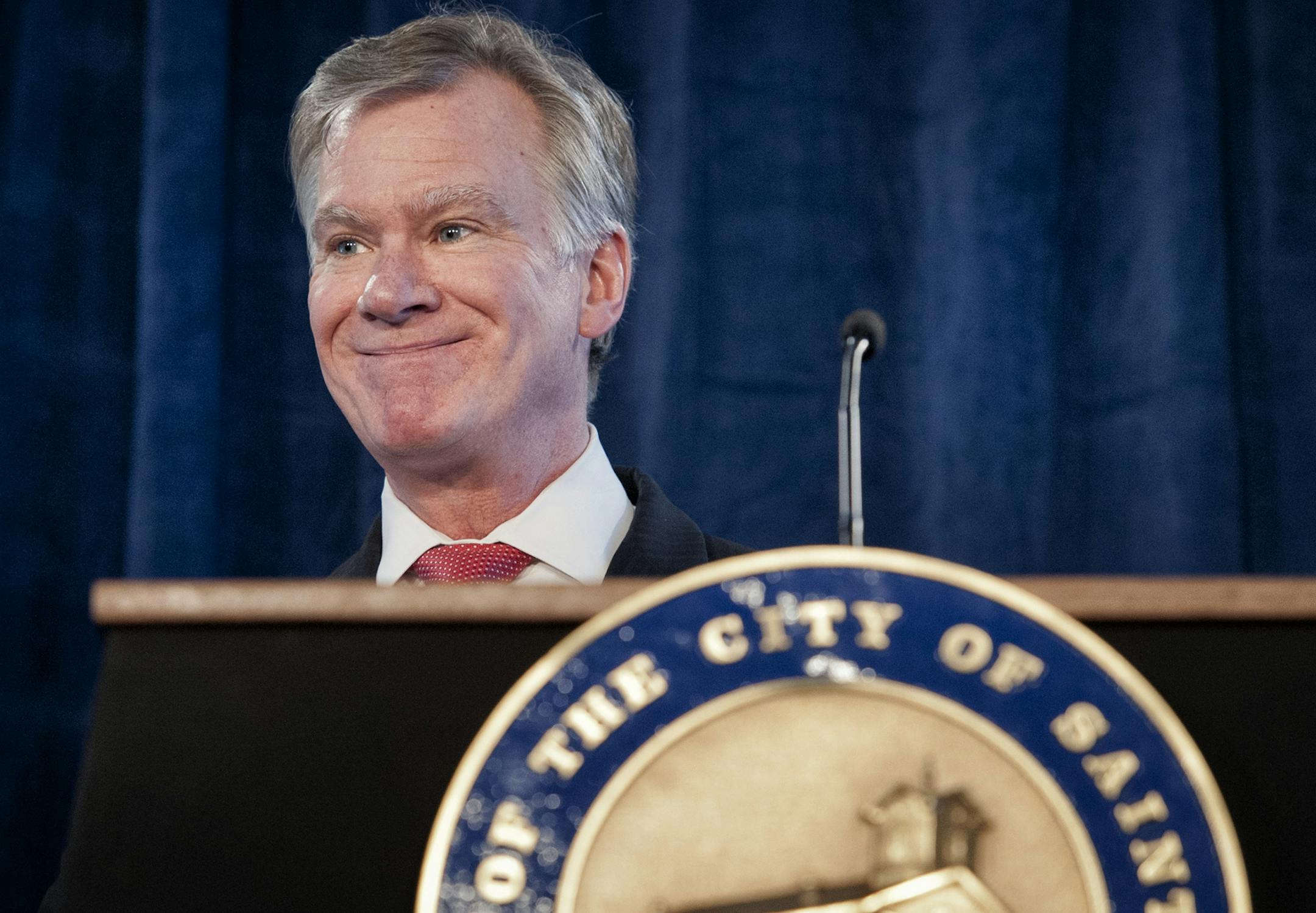 St Paul Mayor Chris Coleman smiled after completing his state of the city speech at the Crown Plaza Hotel Monday, March 25, 2013. ] GLEN STUBBE * gstubbe@startribune.com