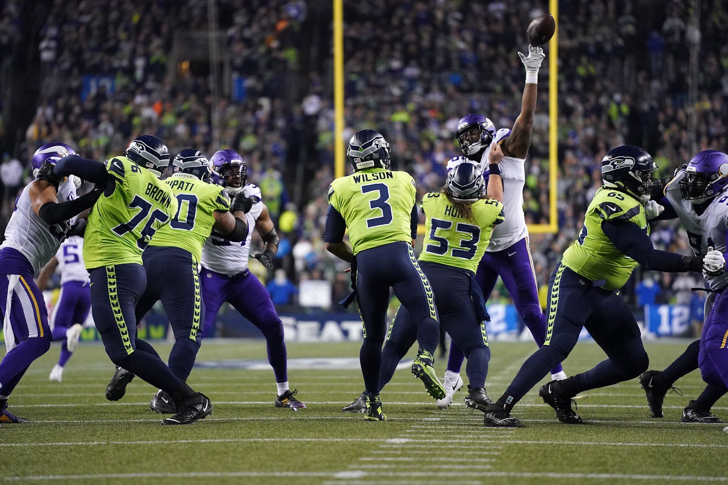 Seahawks quarterback Russell Wilson had a pass batted down when the Vikings and Seattle played last season.