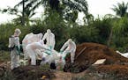 In this photograph taken Sunday July 14, 2019, an Ebola victim is put to rest at the Muslim cemetery in Beni, Congo DRC. The head of the World Health 