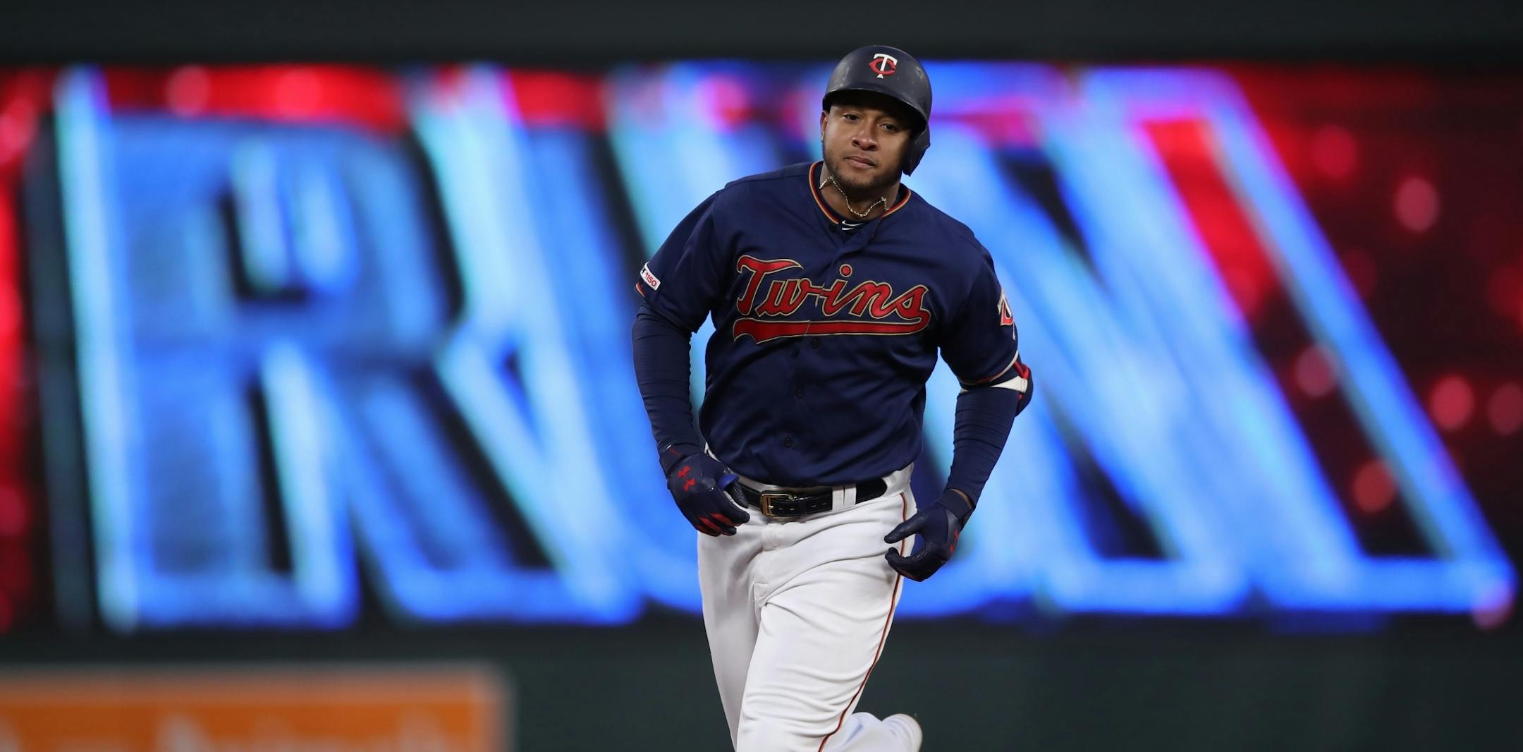 Minnesota Twins second baseman Jonathan Schoop (16) rounded the bases after hitting a two run homer in the third inning at Target Field Wednesday May1, 2019 in Minneapolis, MN.