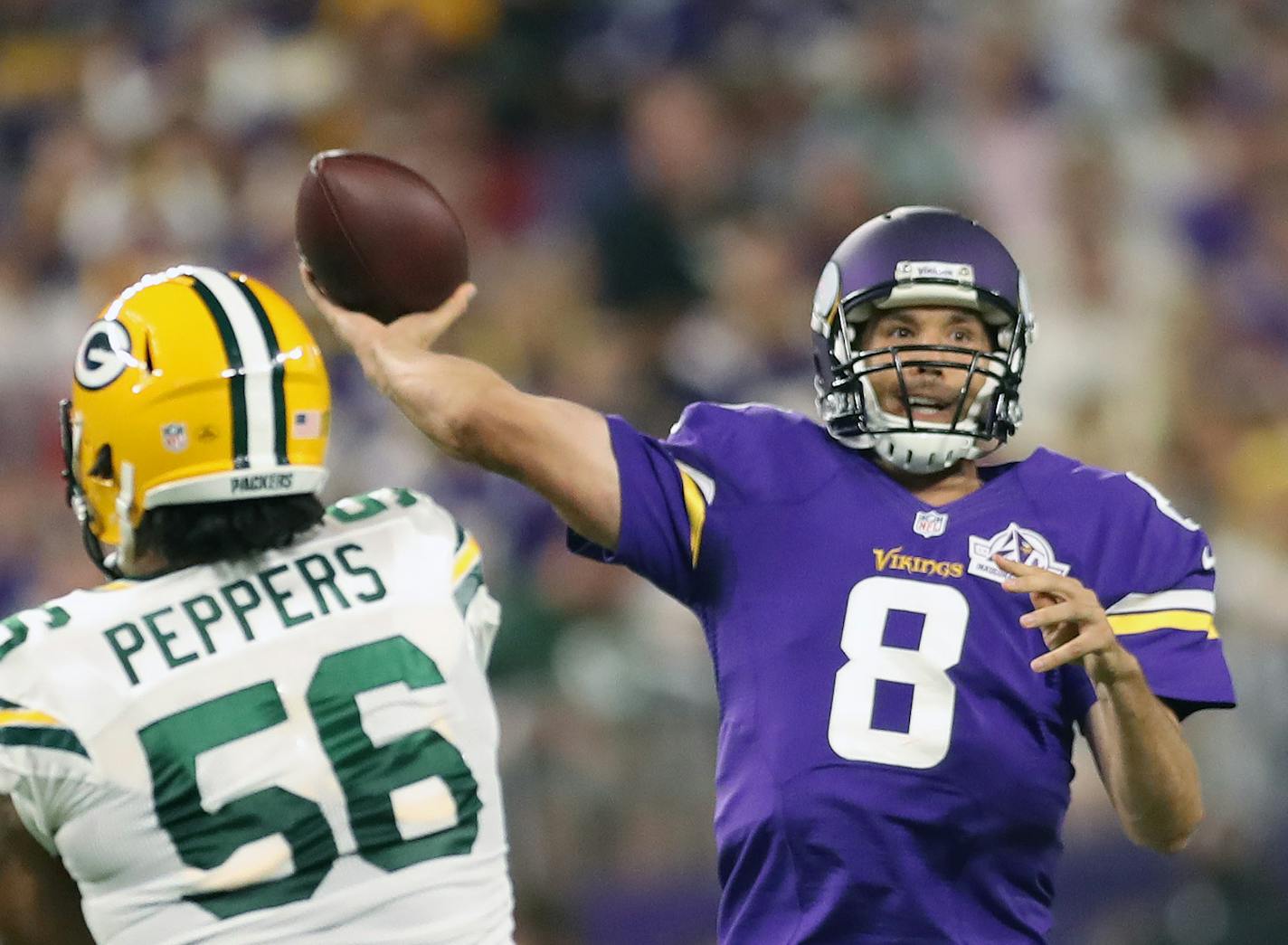 Vikings quarterback Sam Bradford in the 2nd quarter. The Minnesota Vikings open the new US Bank Stadium for their first home regular season game against the Green Bay Packers. Here, ] Minnesota Vikings vs Green Bay Packers - Vikings home opener in new US Bank Stadium. brian.peterson@startribune.com
Minneapolis, MN - 09/18/2016