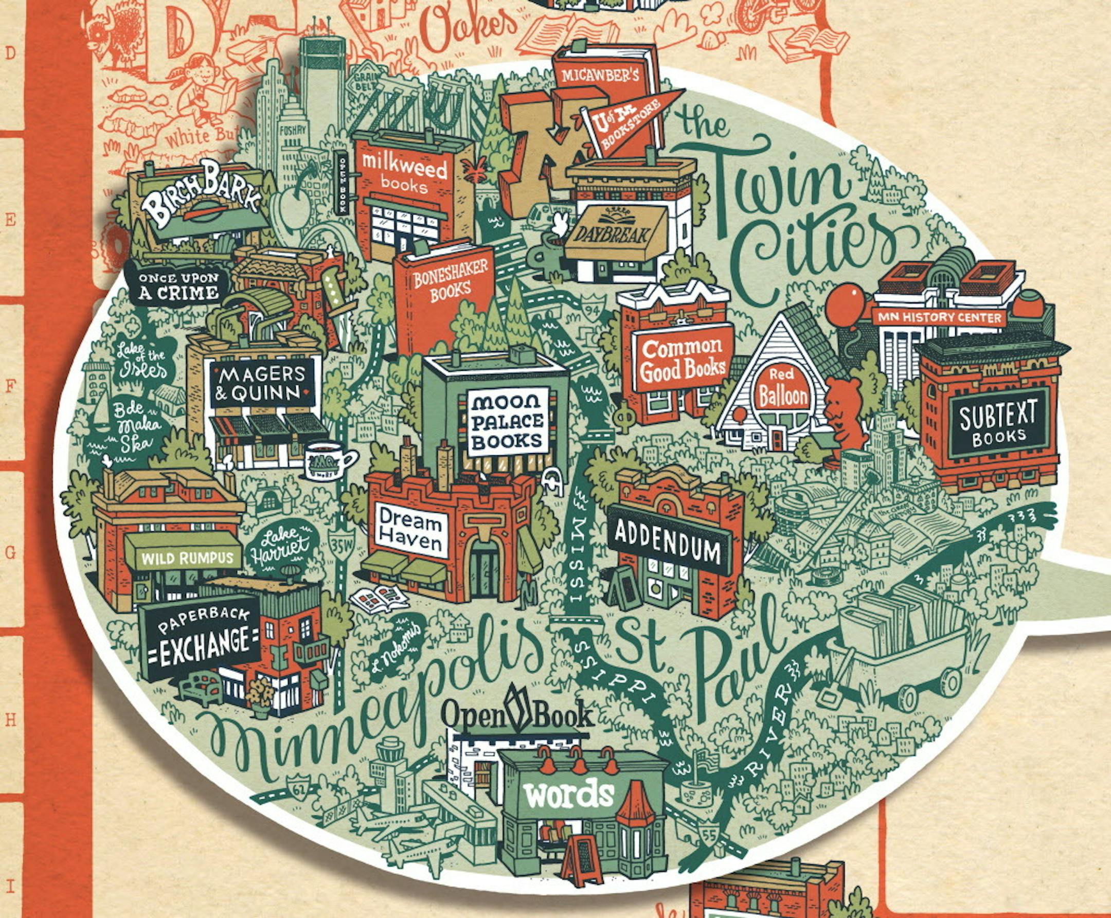 Detail of the Twin Cities bookstore map by Kevin Cannon that will be given away on Independent Bookstore Day.