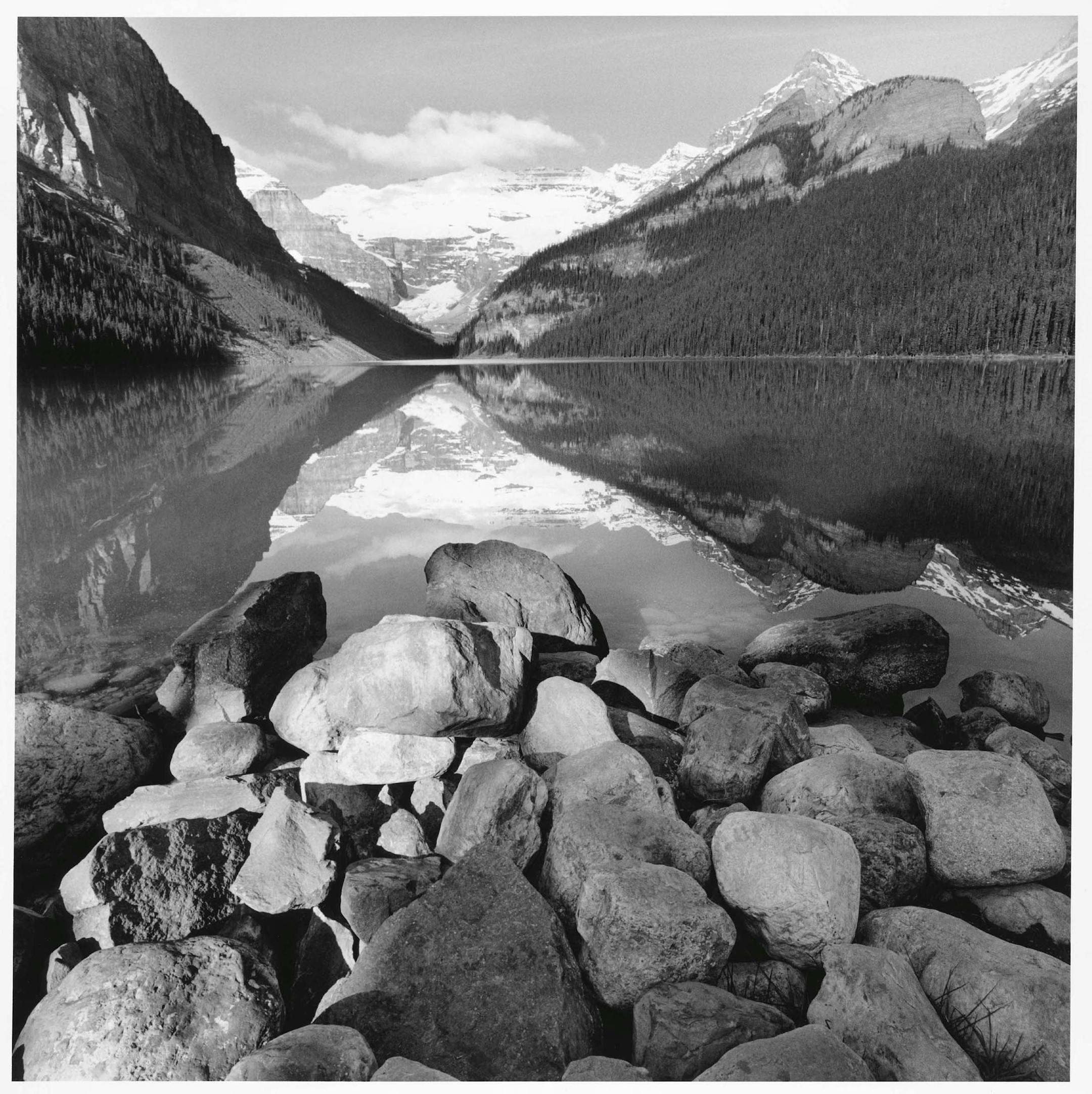 Lake Louise, Alberta, 2000: Triangles of light, water and rock converge.