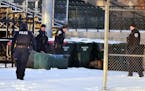 Local law enforcement look over a mountain lion that was shot and killed Tuesday morning, Jan. 8, 2019, at the Bismarck Municipal Ballpark in Bismarck