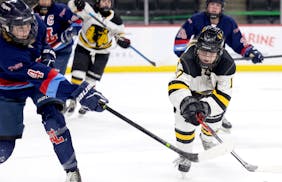 Sydney Kolker (4) of Albert Lea and Abbey Reule (17) of Warroad fight for the puck in the first period during the Class 1A quarterfinals Wednesday, Fe