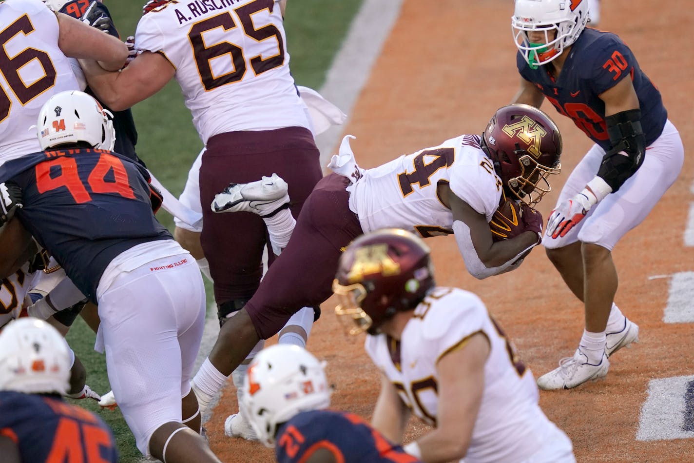 The Gophers' offensive line has been blasting open big holes for running back Mohamed Ibrahim, who rushed for 224 yards and four touchdowns against Illinois.