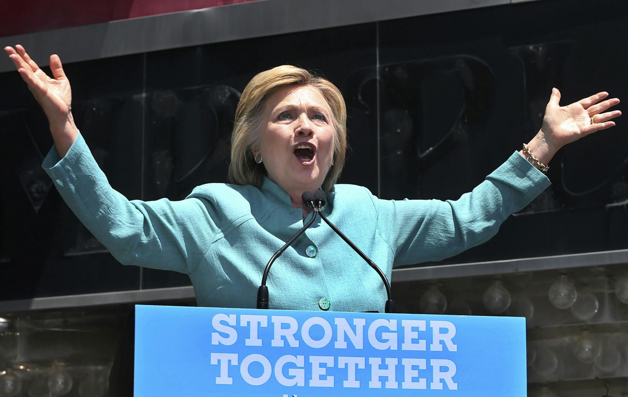 Democratic presidential candidate Hillary Clinton speaks on the Boardwalk in Atlantic City, N.J.,Wednesday, July 6, 2016. (AP Photo/Mel Evans) ORG XMIT: MIN2016070618481950