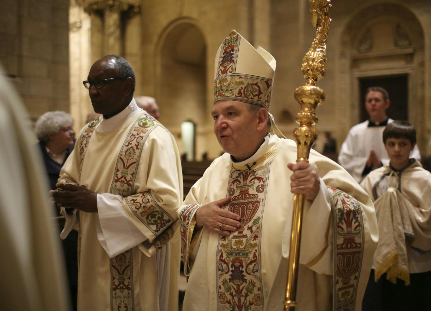 The Most Rev. Bernard Hebda processed towards the altar at the start of the Evening Mass of the Lord's Supper Thursday night at the Cathedral of St. Paul. ] JEFF WHEELER &#xef; jeff.wheeler@startribune.com The Most Rev. Bernard Hebda was named Archbishop of the Archdiocese of St. Paul and Minneapolis by Pope Francis Thursday. Thursday evening, March 23, 2016 he presided over the Maundy Thursday mass at the Cathedral of St. Paul, during which he performed the traditional rite of washing and dryin