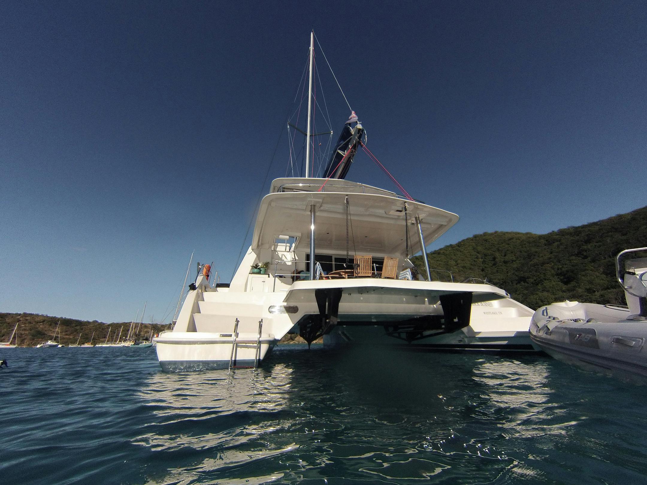 Our catamaran, moored in the Caribbean during a snorkel break. (Hillary Richard/For the Chicago Tribune/TNS)