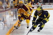 The Gophers' Brody Lamb and Michigan's Tyler Duke (5) battled on March 2 at 3M Arena at Mariucci to close the regular season.