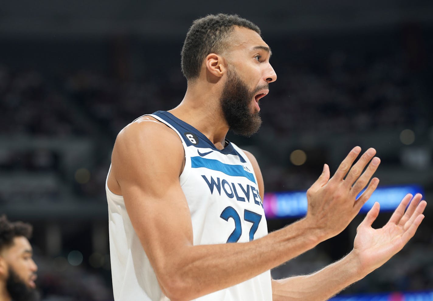 Minnesota Timberwolves center Rudy Gobert argues with referees after being called for a foul in the second half of Game 1 of an NBA basketball first-round playoff series against the Denver Nuggets Sunday, April 16, 2023, in Denver. (AP Photo/David Zalubowski)