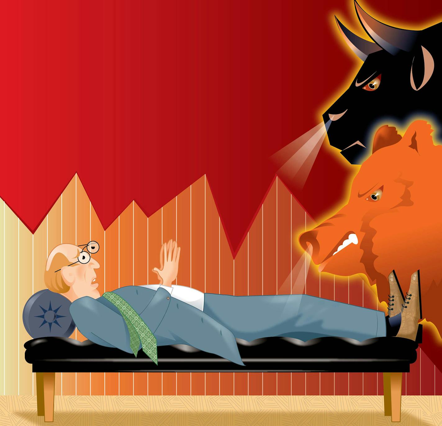 300 dpi Laurie McAdam color illustration of angry bull and bear waking businessman on couch under a jagged fever chart. The Modesto Bee 2008<p> market demons illustration bear bull markets analyst nightmare economist 04000000, FIN, 04006009, 04006011, 04006018, brokerage, krtfinancialservice financial services, krtnamer north america, krtpersonalfinance personal finance, krtusbusiness, market research, market trend, marketing, stock broker, u.s. us united states, 2008, krt2008, krtbusiness busin