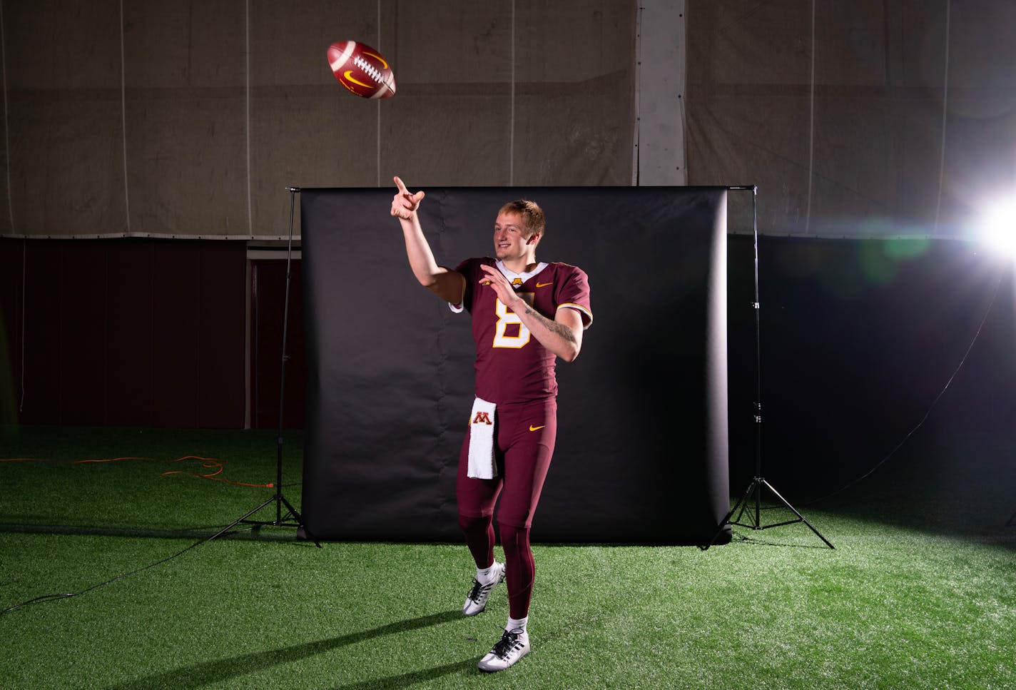 Minnesota Gophers quarterback Athan Kaliakmanis (8) poses for a portrait Wednesday, July 12, 2023, at Gibson Nagurski Building in Minneapolis. ]