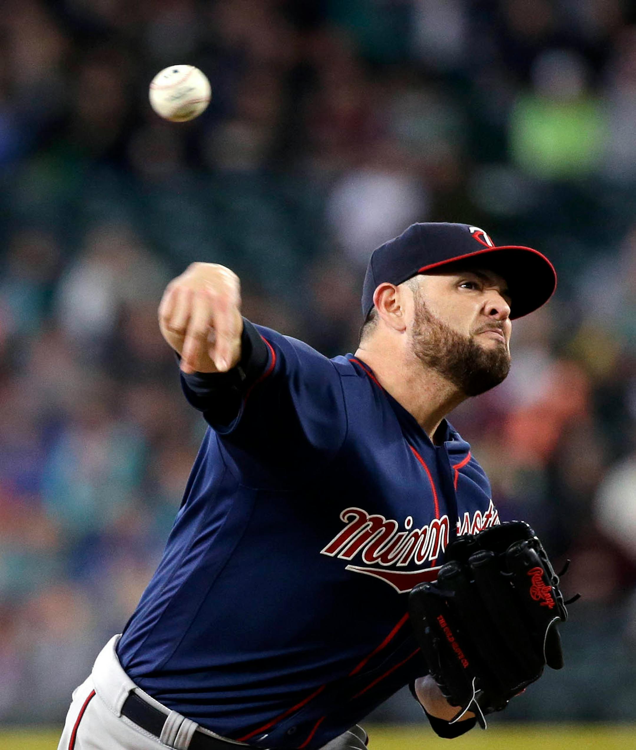 Minnesota Twins starting pitcher Ricky Nolasco throws against the Seattle Mariners in the sixth inning of a baseball game, Sunday, May 29, 2016, in Seattle.