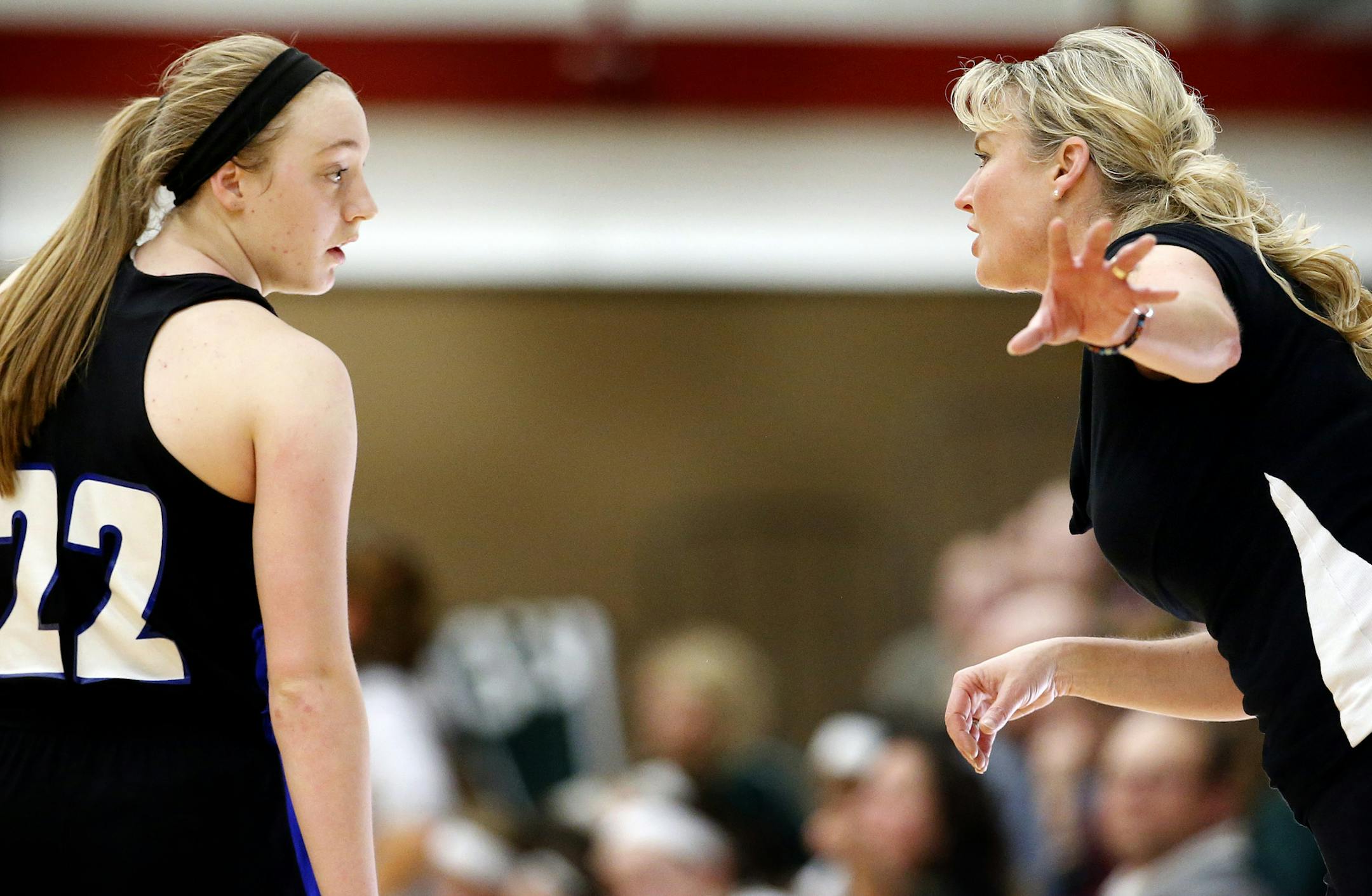 Madison Guebert (22) of Eastview spoke to her coach and mother Melissa Guebert in the second half. ] CARLOS GONZALEZ cgonzalez@startribune.com - March 13, 2014 ‚Äì St. Paul, Minn., Hutton Arena, Hamline University, girls basketball Class 4A, Section 3, Eastview vs Park