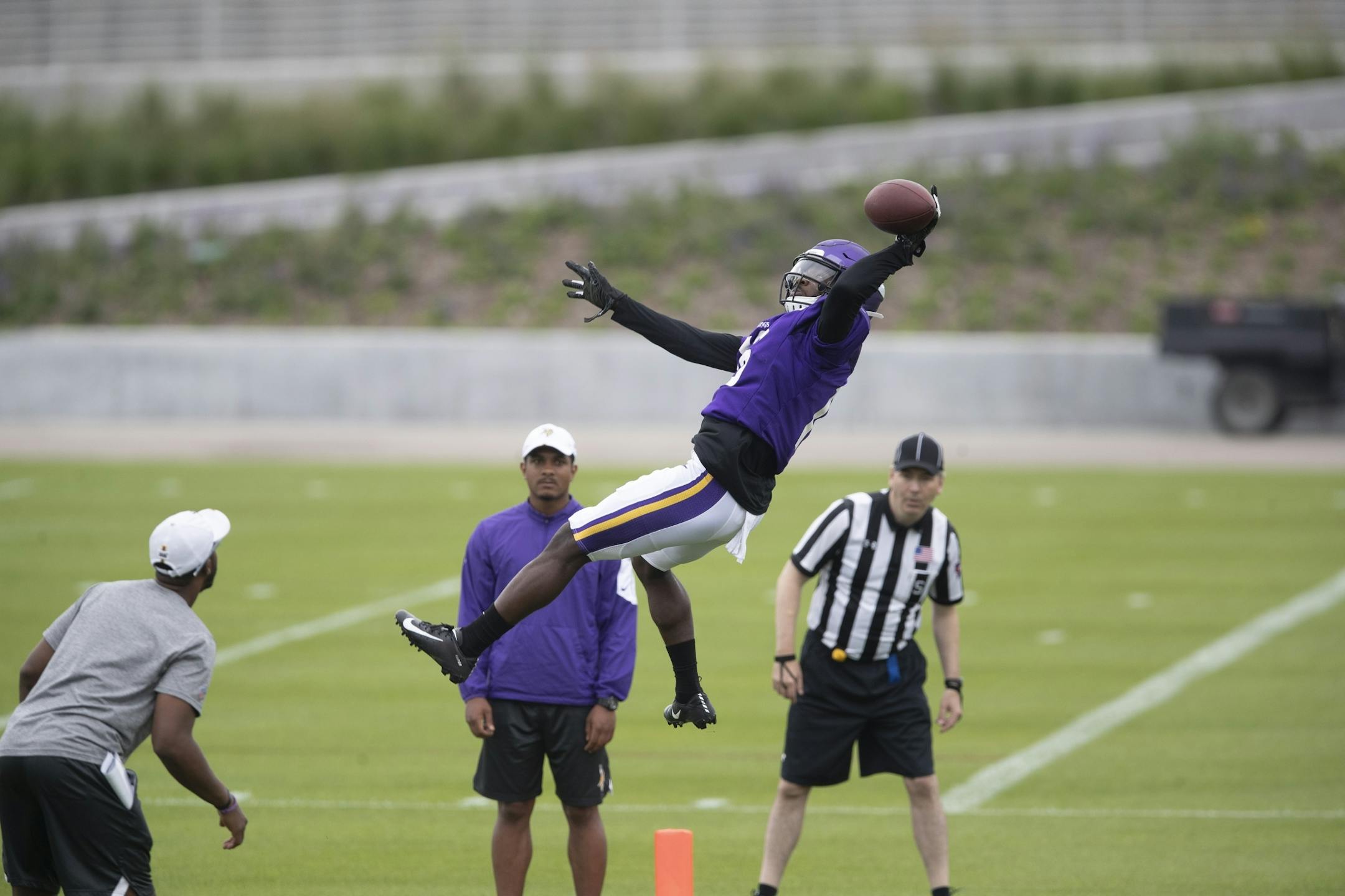 Minnesota Vikings wide receiver Davion Davis (16) worked on special teams drills during practice at TCO Performance Center on Sunday July, 28 2019 in Eagan, MN.